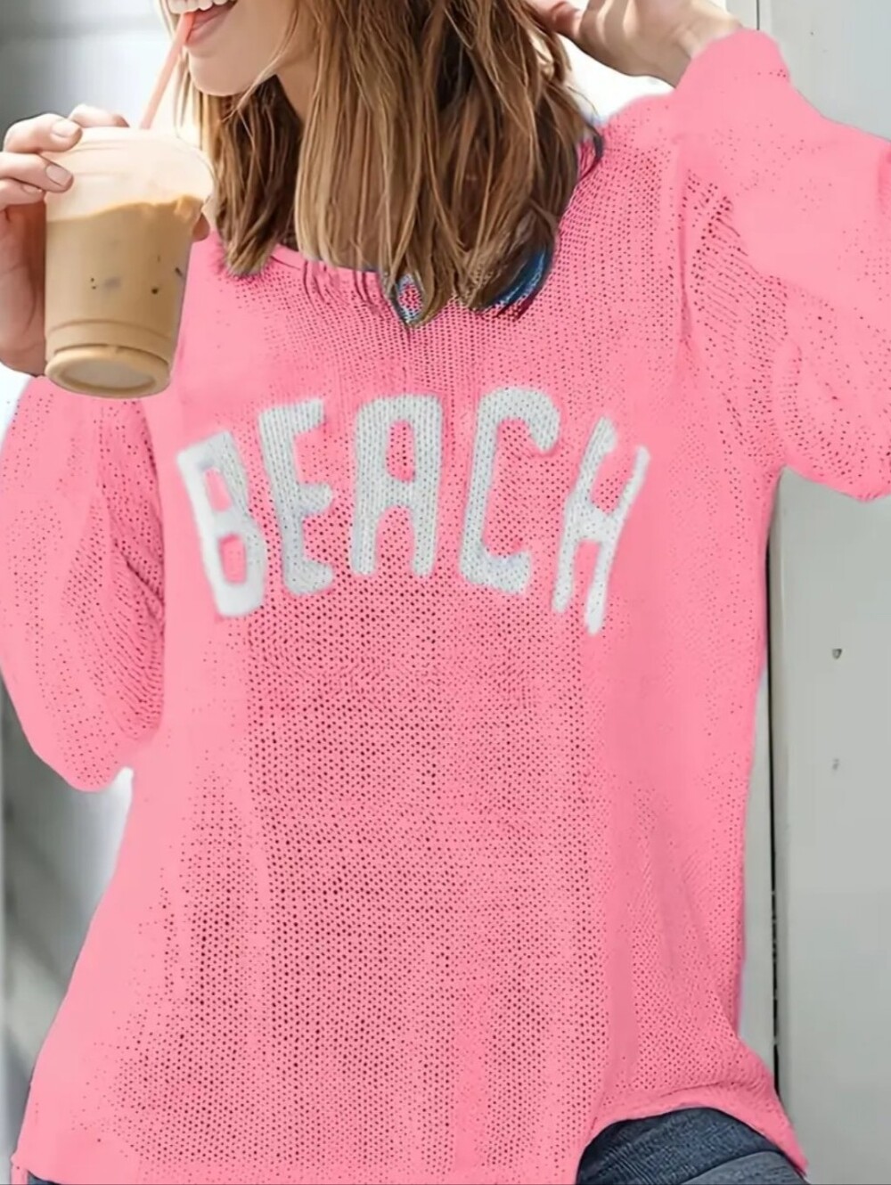 Women’s Pink 'BEACH' Lightweight Scoop Neck Sweater - Picture 3 of 4